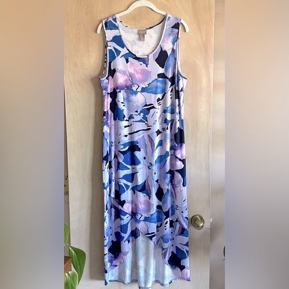 CHICO’S Blue Floral Sleeveless Maxi Dress Hi-Low Hem Stretch Sz 2 (L) NWOT - Picture 1 of 10